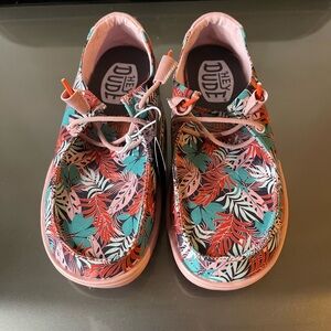 Brand New - Women’s Hey Dude Tropical Print Shoes - Pink and Blue - Size 8